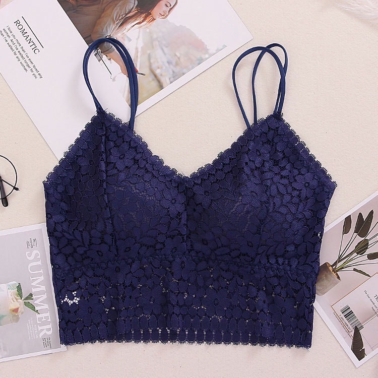 Áo Lót Bra Ren Hoa Hai Dây Có Mút Ngực Dáng Croptop - Dưới 60kg