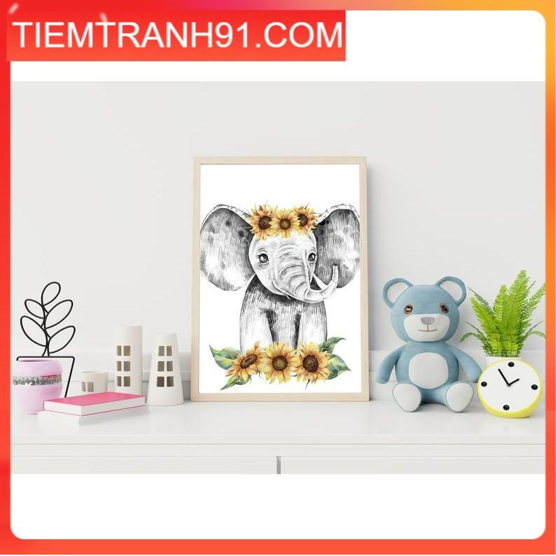 Tranh treo tường | Tranh cho bé-Elephant with Sunflowers Print for Nursery Decor 75 , tranh canvas giá rẻ