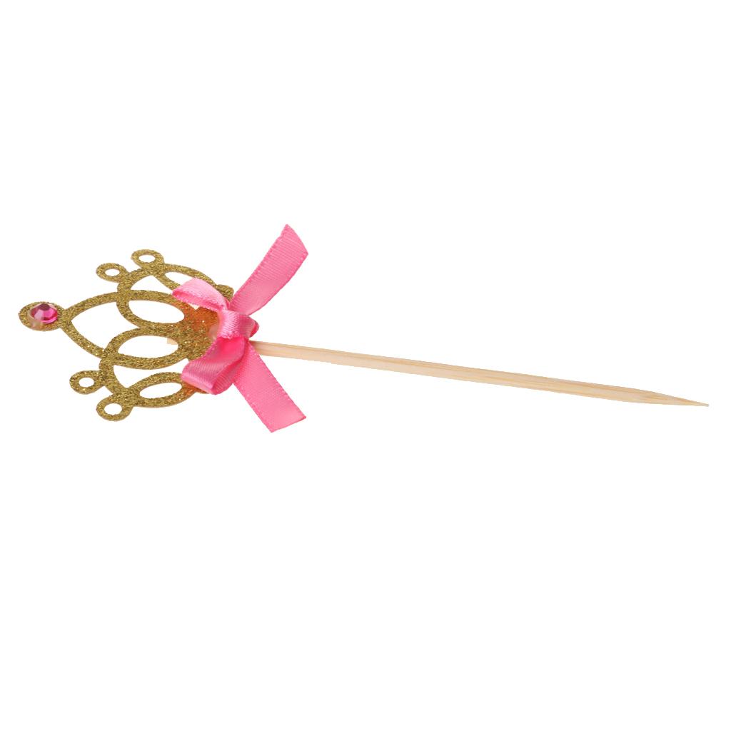 10pcs/set Crown Cake Topper Cupcake Picks with Ribbon Pink and Gold