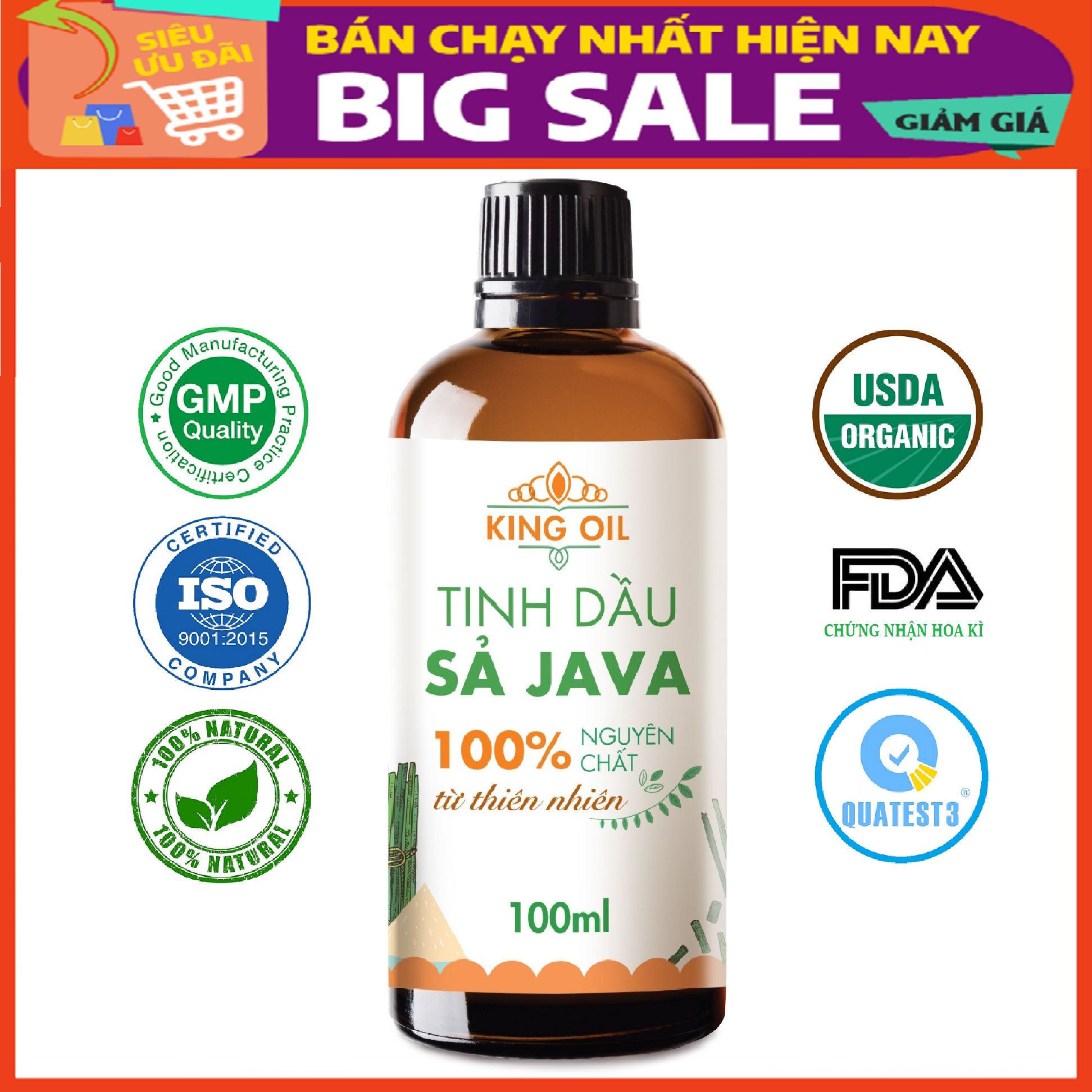 Tinh dầu Sả Java 100ml nguyên chất từ thiên nhiên, xông phòng, khử mùi, thơm phòng, đuổi muỗi - KingOil