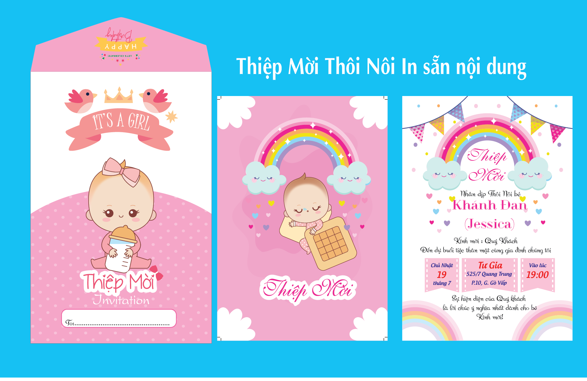 Combo 50 thiệp mời thôi nôi, đầy tháng, sinh nhật bé gái in sẵn nội dung