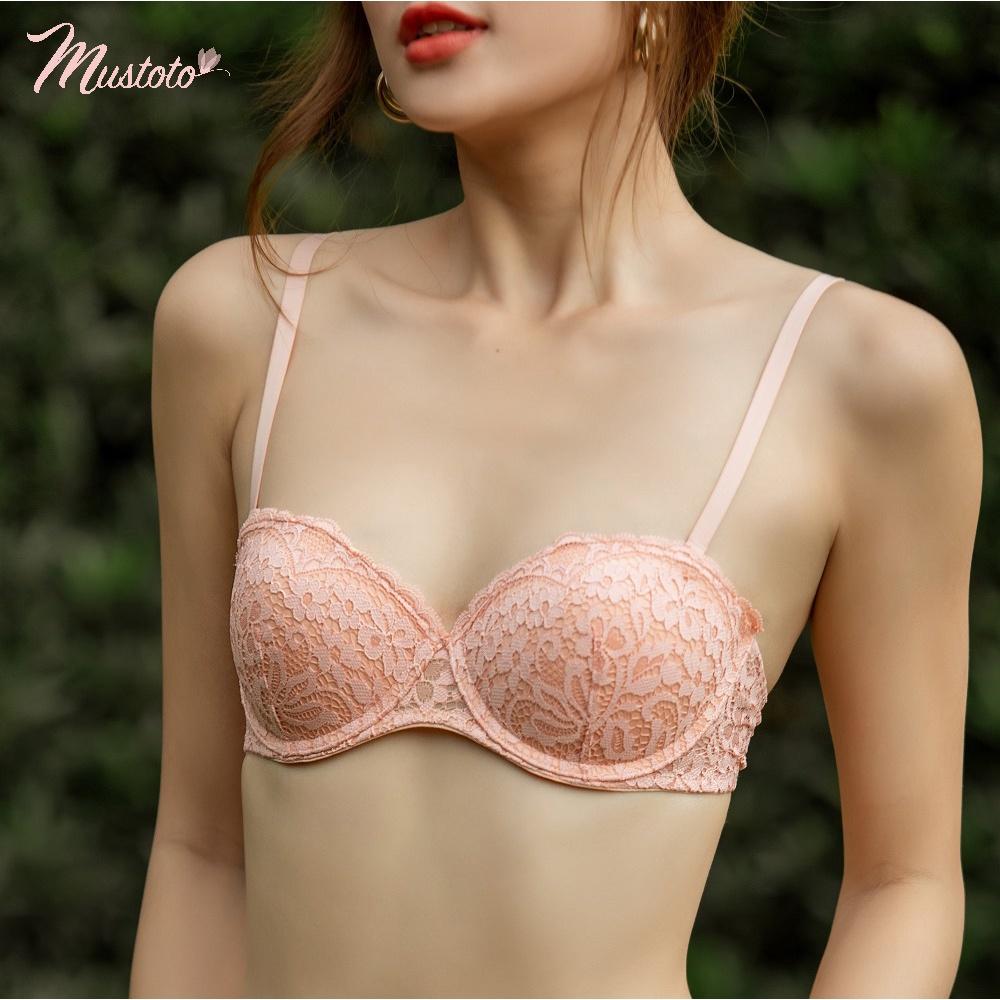 Áo Lót Ren Mút Mỏng 1cm Cúp Ngang Bra Confetti Hồng Cam (Mustoto MA25)