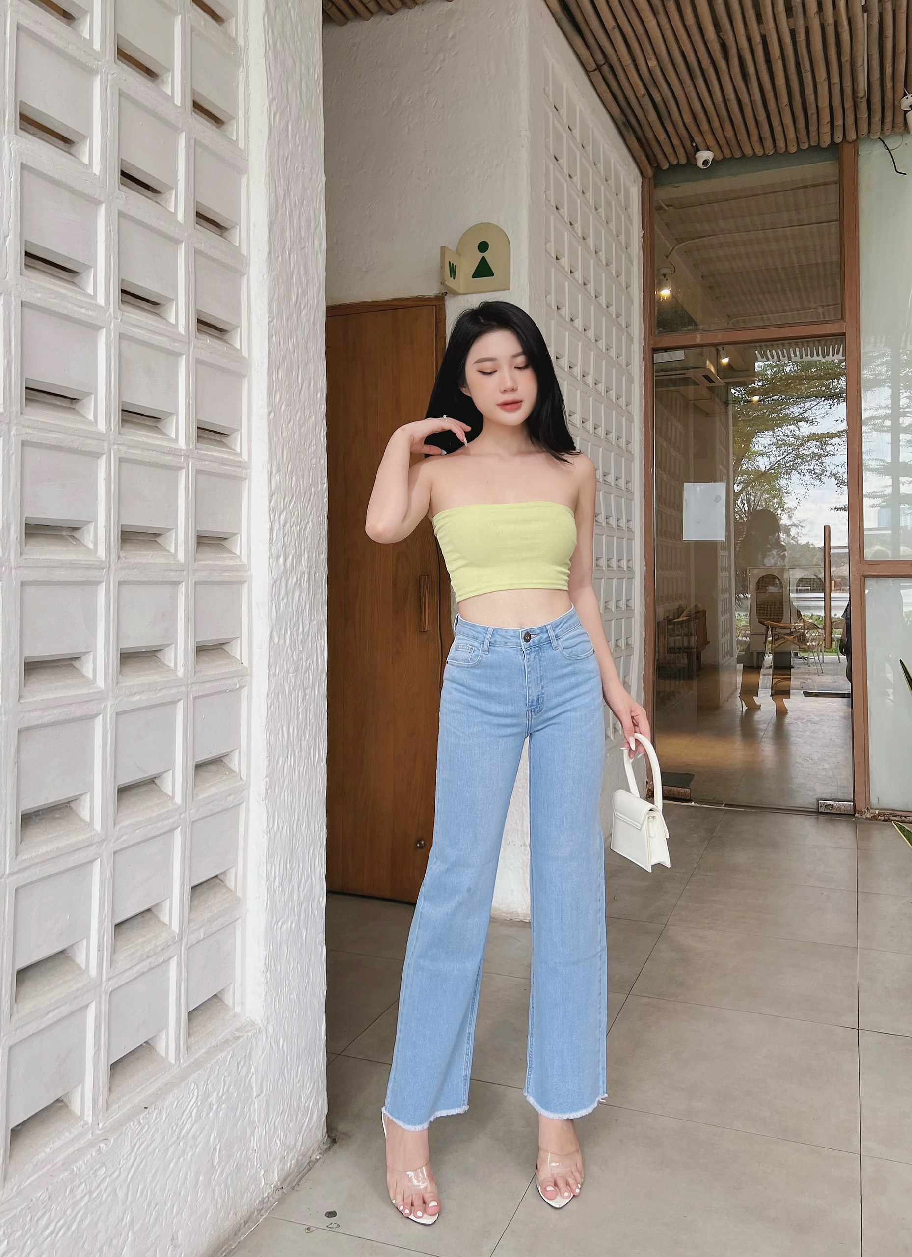 Quần suông đứng ống rộng lai tua lưng cao HQJeans thiết kê HQ97