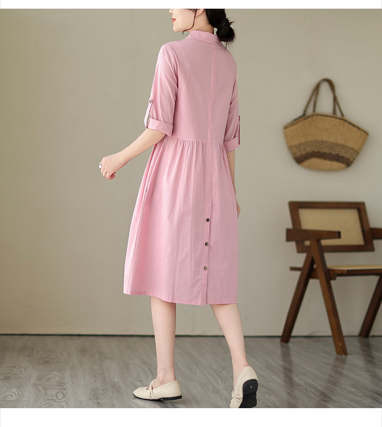 Đầm sơ mi suông dáng xòe thiết kế tay sắn phối 2 túi sườn trẻ trung vải Linen mềm mại