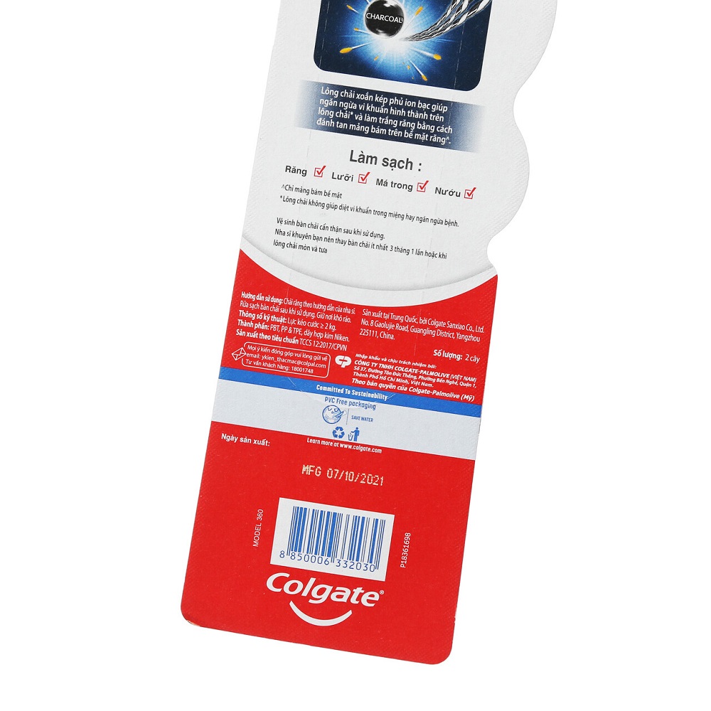 Lô 2 Bàn Chải Đánh Răng Colgate 360 Charcoal Spiral