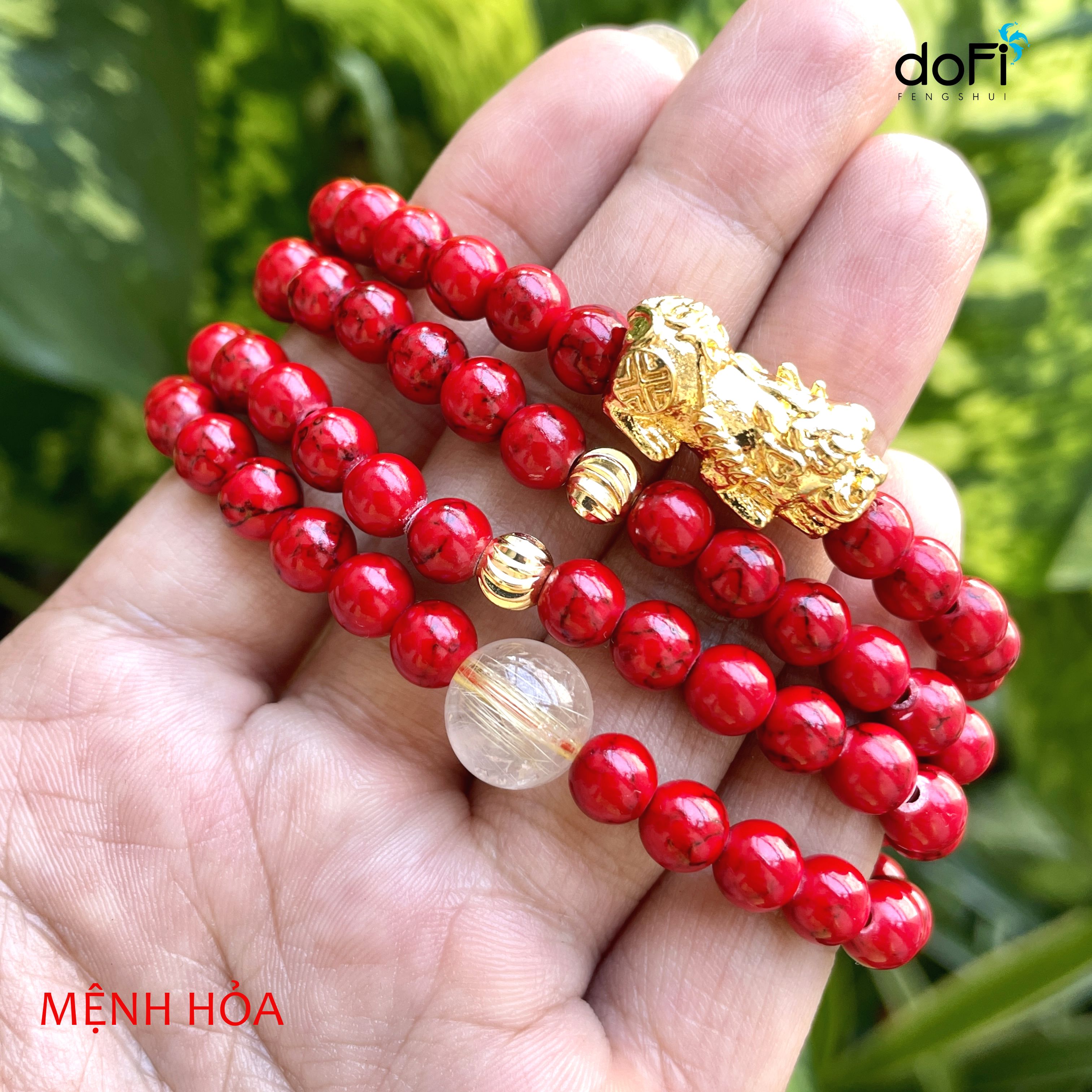TRÀNG HẠT SAN HÔ ĐỎ + ĐÁ THẠCH ANH TÓC VÀNG PHỐI TỲ HƯU