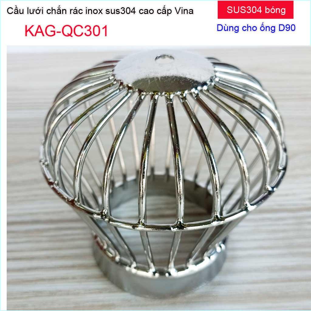 Cầu chắn rác sân thượng KAG-QC301 (ống D90), Cầu chặn rác Inox 304 đế thấp thả ống D90, cầu lưới lọc rác thoát nước mưa