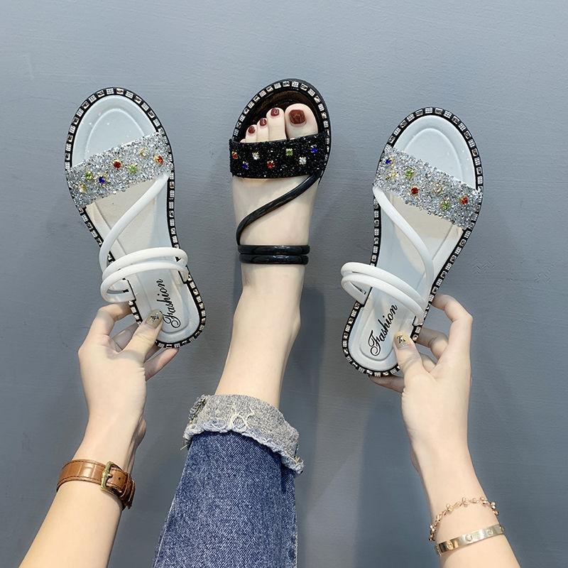 Dép sandal đế bằng đính đá thời trang mùa hè 2020 cho nữ