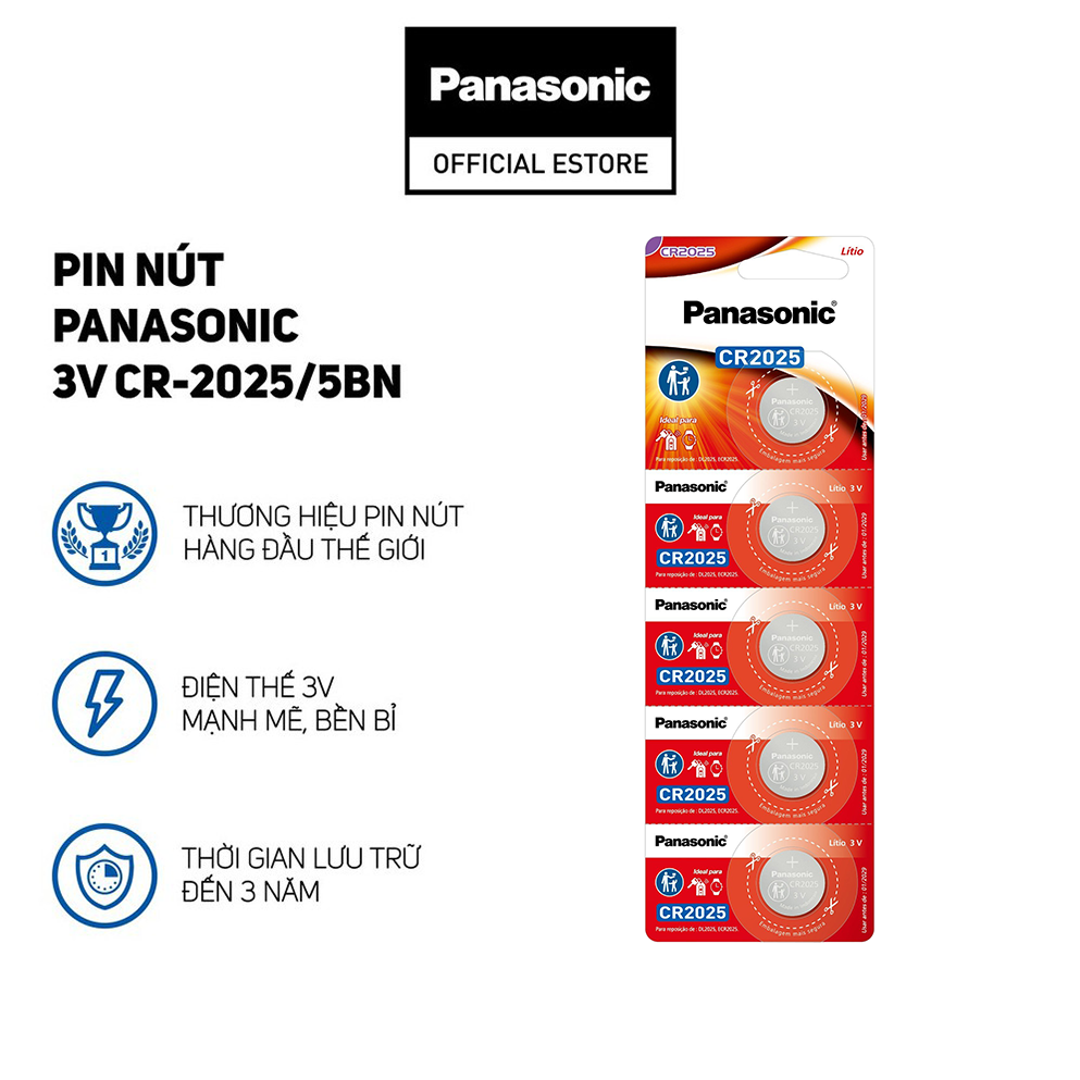 Pin Nút Panasonic 3V CR-2025/5BE (Vỉ 5 Viên) (Pin Tiểu, Pin Sạc) - Hàng Chính Hãng