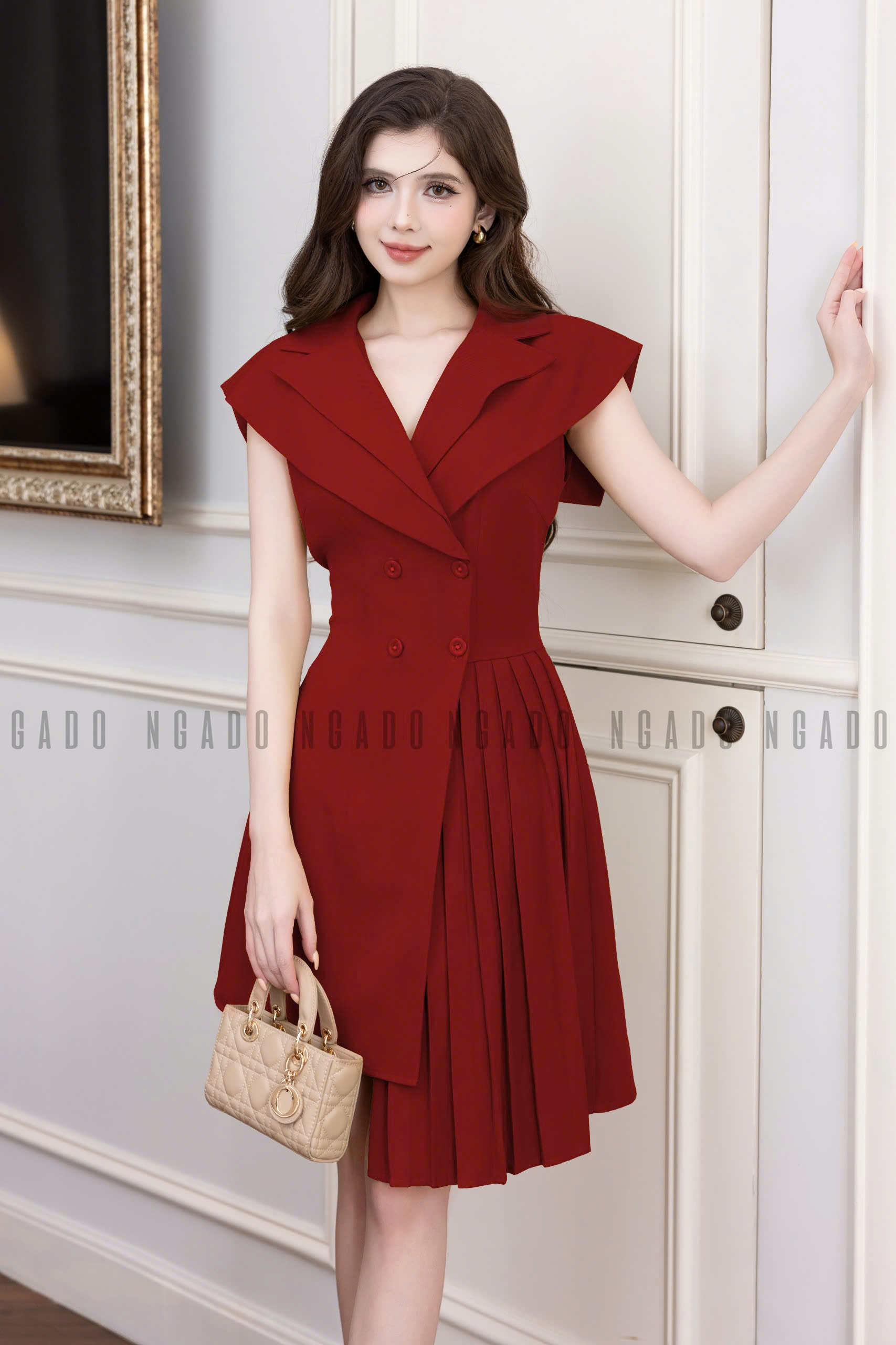 Đầm cổ vest NGADO , đầm kiểu nữa , đầm xếp ly , đầm công sở , dự tiệc