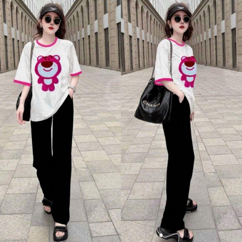Sét đồ bộ nữ cao cấp quần ống suông kèm áo thêu hình siêu kute mẫu mới chất bao dep9ư r