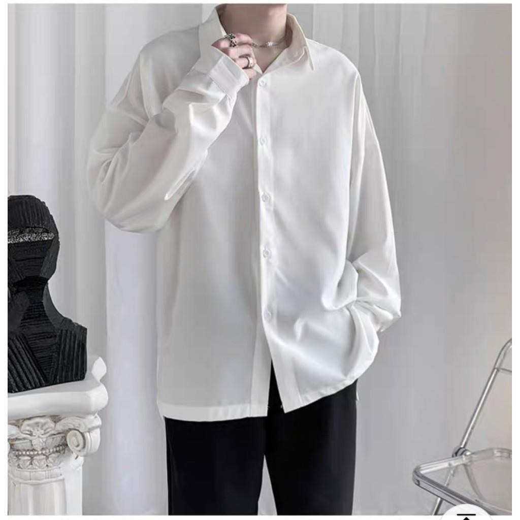 Áo Sơ mi TRƠN tay dài màu ĐEN/TRẮNG ️Nam Nữ Unisex chất lụa mềm mịn form rộng ️