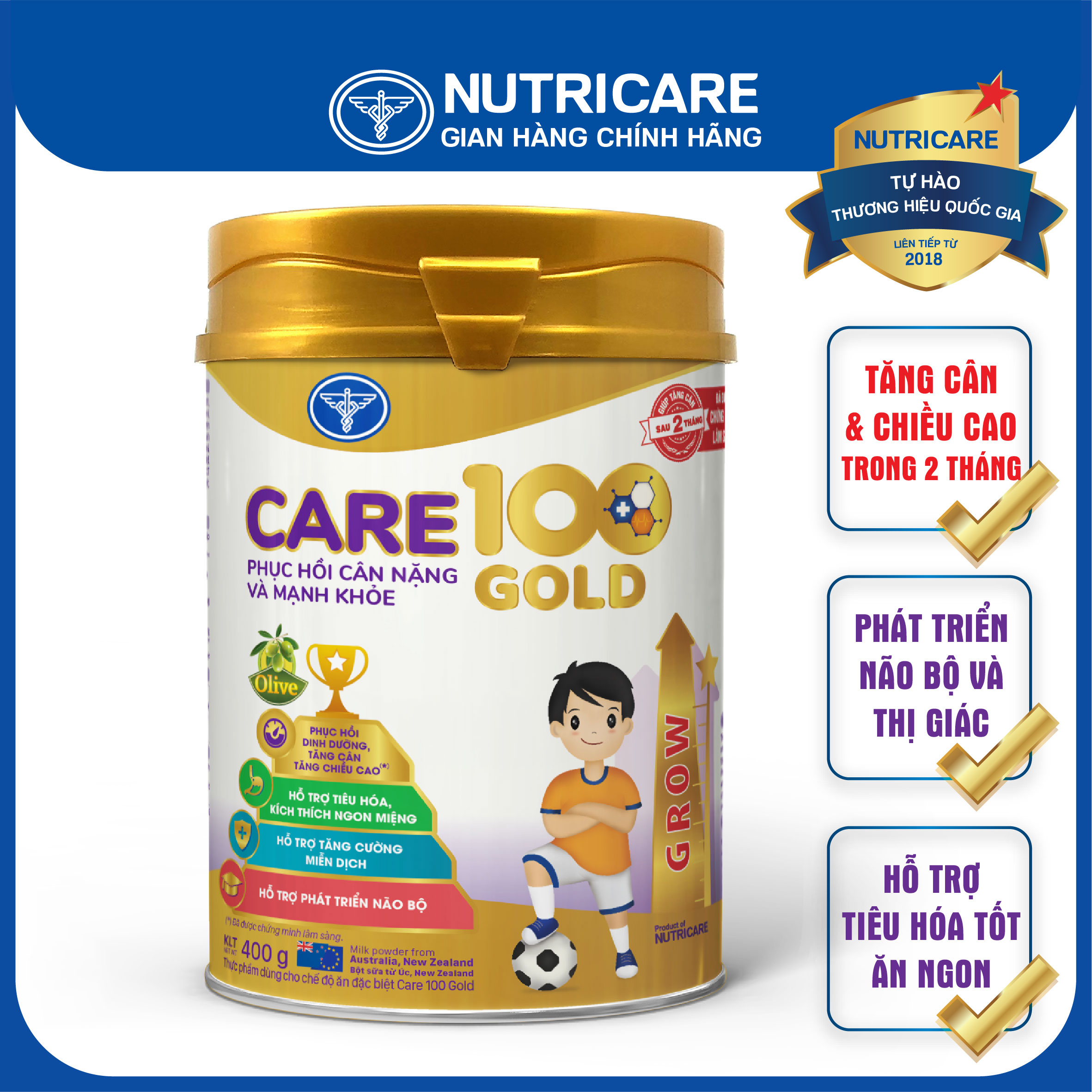 Sữa bột Nutricare Care 100 Gold cho trẻ biếng ăn, suy dinh dưỡng 400g