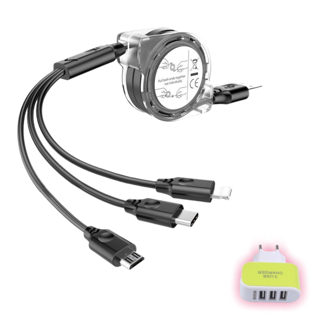 Dây sạc 3 đầu dây rút tiện lợi vô cùng + Tặng kèm 1 cóc sạc 3 lỗ USB ( Giao Màu Ngẫu Nhiên Các Sản Phẩm)