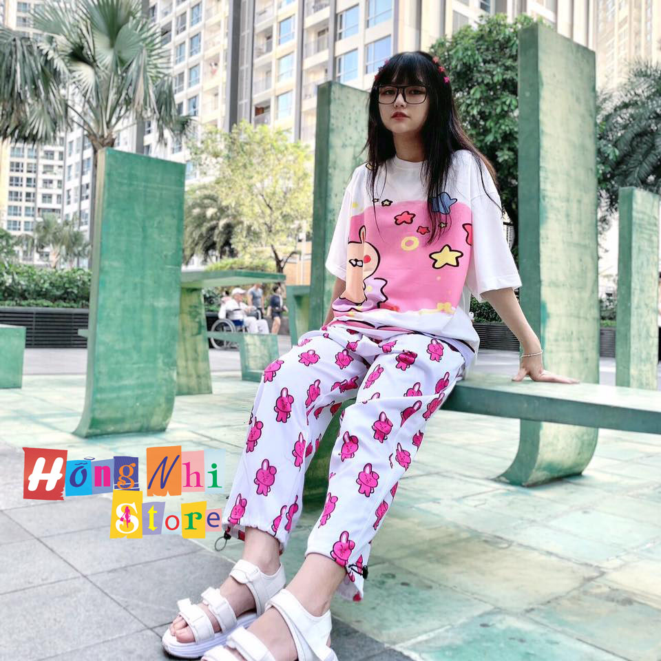 Quần Hoạt Hình Dài Dây Rút Lai Thỏ Hồng Cartoon Pant Oversize Ulzzang Unisex - MM