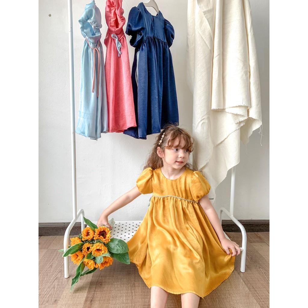 Váy bé gái CRABIE thiết kế babydoll tay bồng lụa dự tiệc xinh xắn cho bé từ 3,4,5,6,7,8,9,10 tuổi - Silky dress - Đỏ