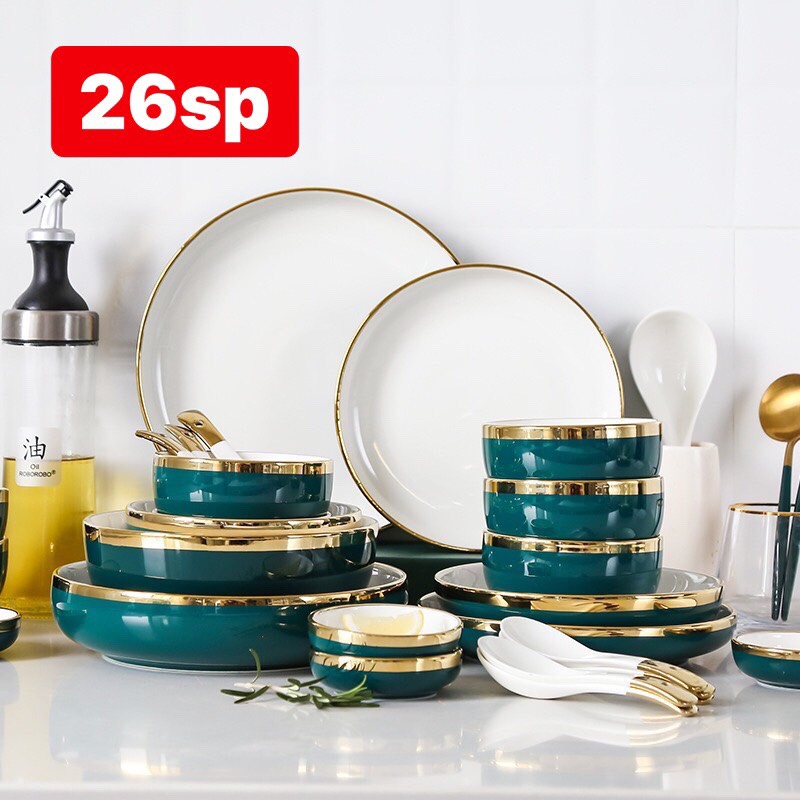 Bộ Bát 26 món màu xanh cổ vịt trong lòng trắng viền vàng cao cấp