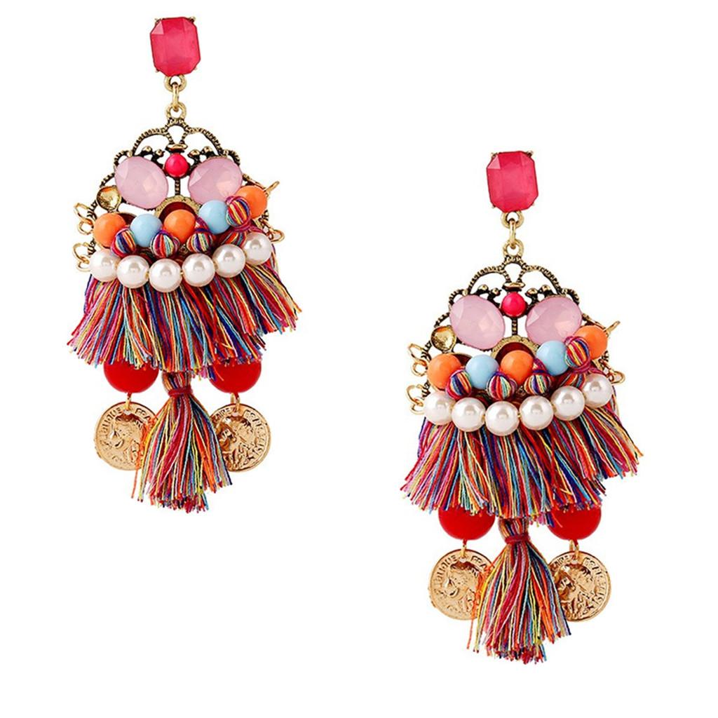 Trendy Shiny Tassel Fringe Earrings with Multisize Colorful Plastic Pearls