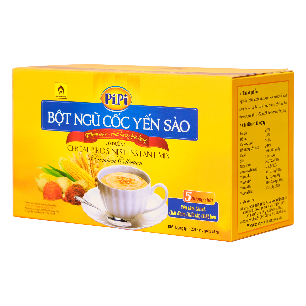 Bột Ngũ Cốc Yến Sào PiPi - Nhà Yến Nha Trang - Hộp 10 Gói - Loại Có Đường - Bột Ngũ Cốc Dinh Dưỡng - Ngũ Cốc Ăn Sáng - Hàng Chính Hãng