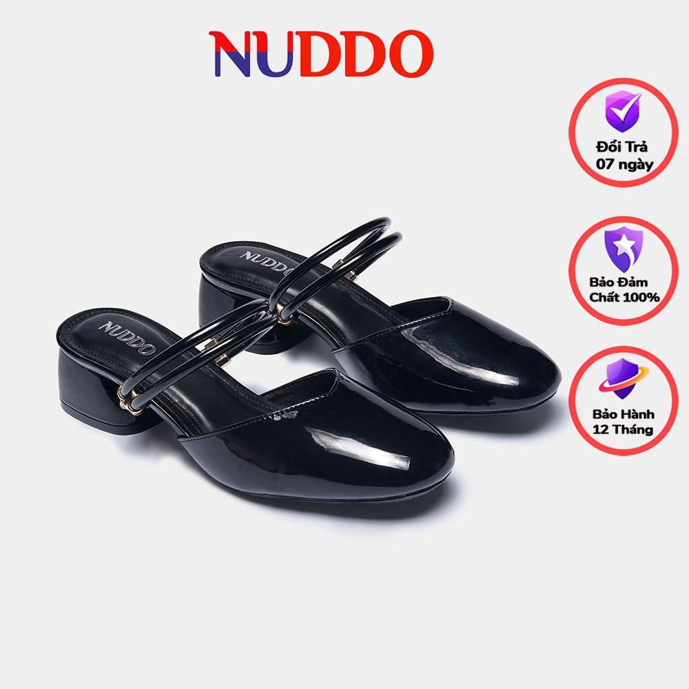 Giày sandal cao gót nữ mũi tròn thời trang NUDDO gót vuông cao 3 phân da bóng phong cách Hàn Quốc
