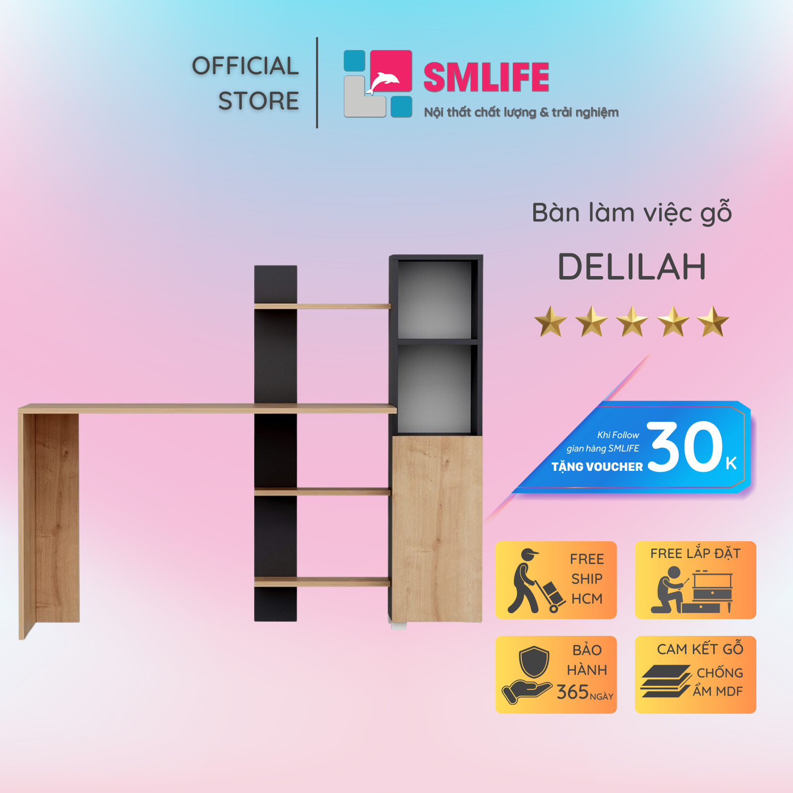 Bàn làm việc, bàn học gỗ hiện đại SMLIFE Delilah | Gỗ MDF dày 17mm chống ẩm | D150xR45xC125cm