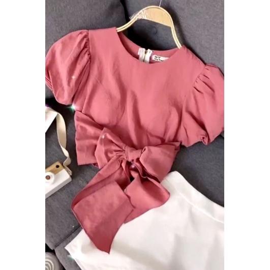 Áo Croptop Cột Nơ Eo YURITA Tay Bồng Khoá Sau Phong Cách Hàn Quốc Tiểu Thư Đủ Màu Dễ Phối Đồ