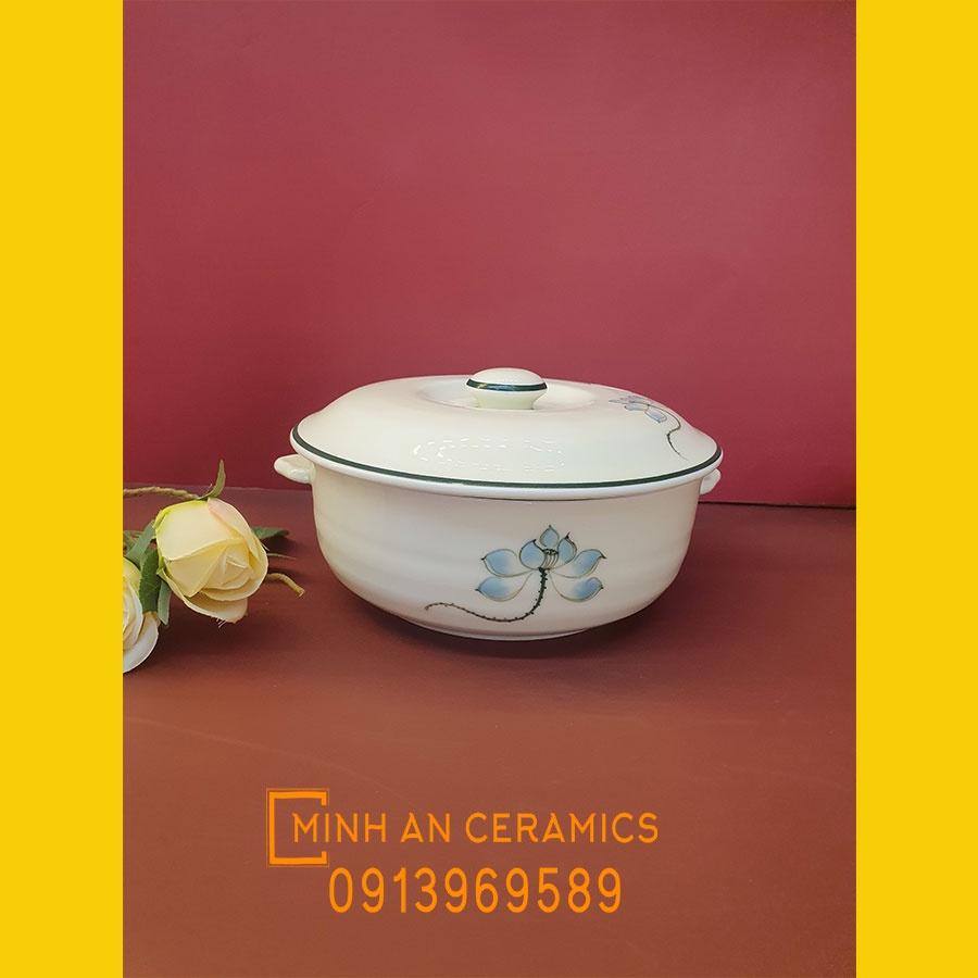 Âu đựng cơm có nắp men kem vẽ hoa văn thủ công gốm sứ Minh An Bát Tràng