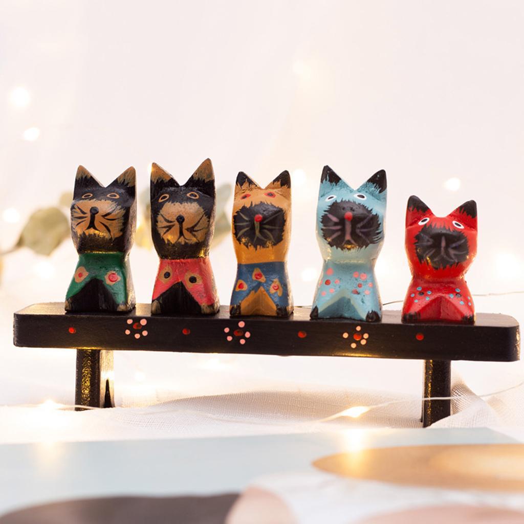 Wooden Cat Figurine Fairy Garden Statue Miniature Cat Figures Ornament Decor