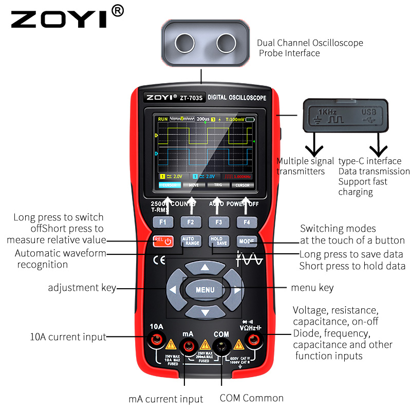 Đồng hồ đo điện vạn năng kỹ thuật số Zoyi ZT-703S 3 trong 1, tích hợp đo sóng hai kênh 50 mhz, lưu trữ dữ liệu dạng sóng, máy phát tín hiệu dao động kép, băng thông 280ms, tốc độ pc - Hàng Chính Hãng