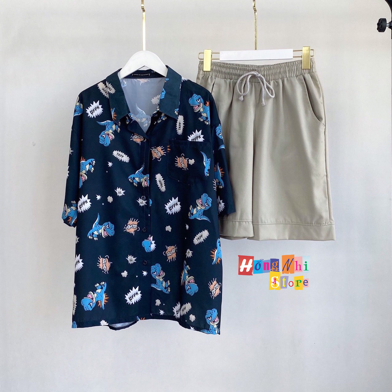 Áo Sơ Mi Hoạ Tiết Tay Lỡ Dáng Rộng, Đi Biển, Khủng Long Tay Lửng Unisex - MM