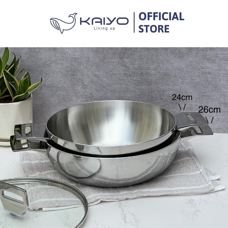 Chảo lẩu inox Kaiyo, thân đáy liền 3 lớp, nắp kính, 2 quai cầm, size 24cm