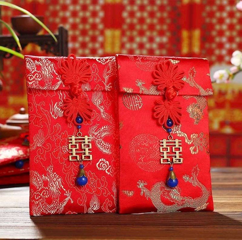 Lì xì vải gấm kết chữ hỷ hàng cao cấp bao siêu to (size 17.5 x 11cm )