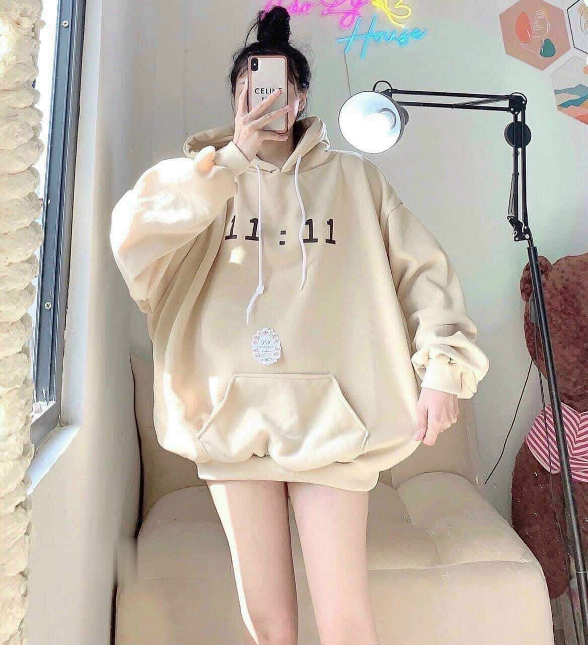 Áo Hoodie Tay Phồng Thụng Hàn Quốc 11 Giờ Cặp Nam NữFREESHIP ĐẸP-Khoác Nỉ Có Nón Mũ 2 Lớp Unisex Thu Đông Chống Nắng