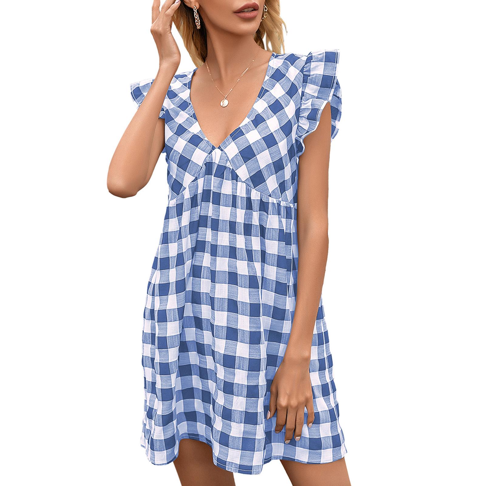 Women Plaid Mini Dress Deep V Neck Ruffles Sleeveless High Waist A-Line Holiday Casual Dress