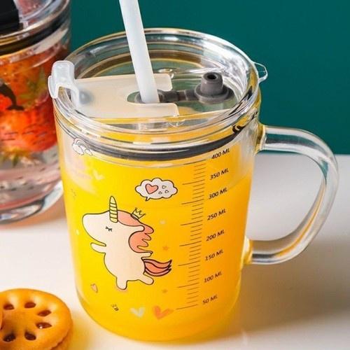 Cốc Pha Sữa Cho Bé Chia Vạch Thủy Tinh Chịu Nhiệt Kèm Ống Hút H113