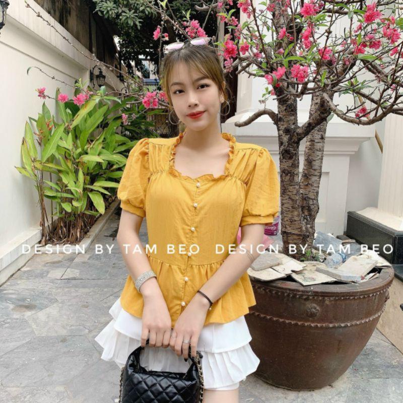 Áo Kiểu Chất Đũi Ngắn Tay _ Thiết Kế Cổ Bèo Vuông Đính Khuy Ngọc Sang Chảnh