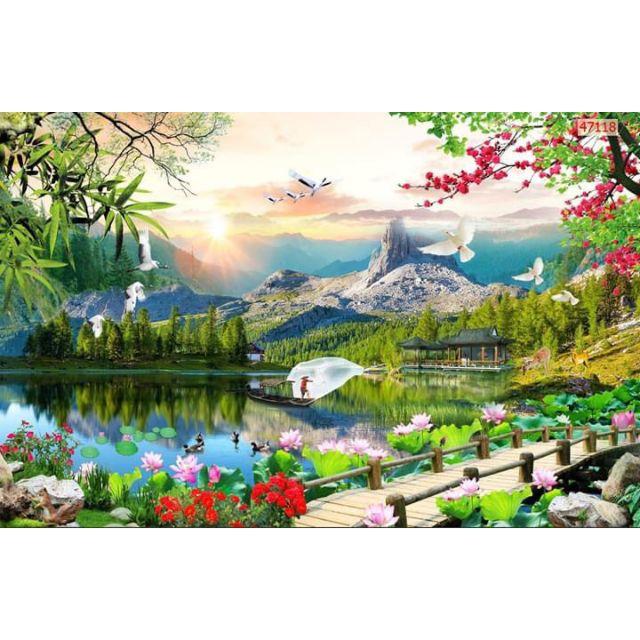 Tranh dán tường 3D Vải Lụa phong cảnh