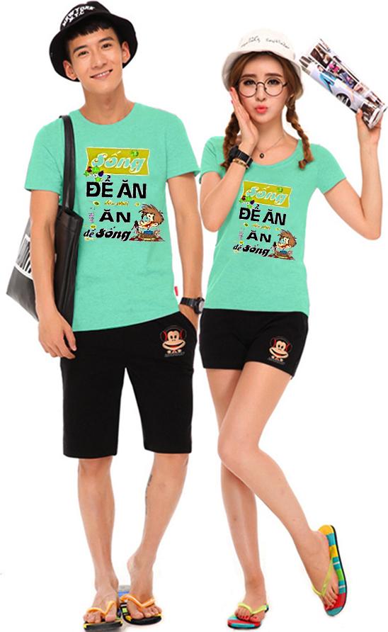 Bộ Áo Thun Đôi Nam Nữ Sống Để Ăn Hay Ăn Để Sống Màu Xanh Ngọc - L - S