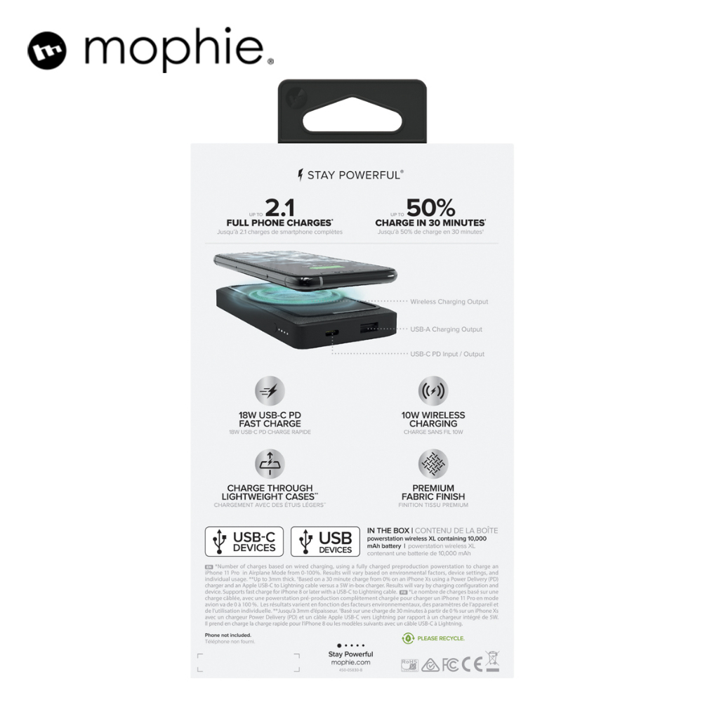 Sạc dự phòng Mophie Powerstation XL 10.000mAh tích hợp sạc không dây - Hàng chính hãng