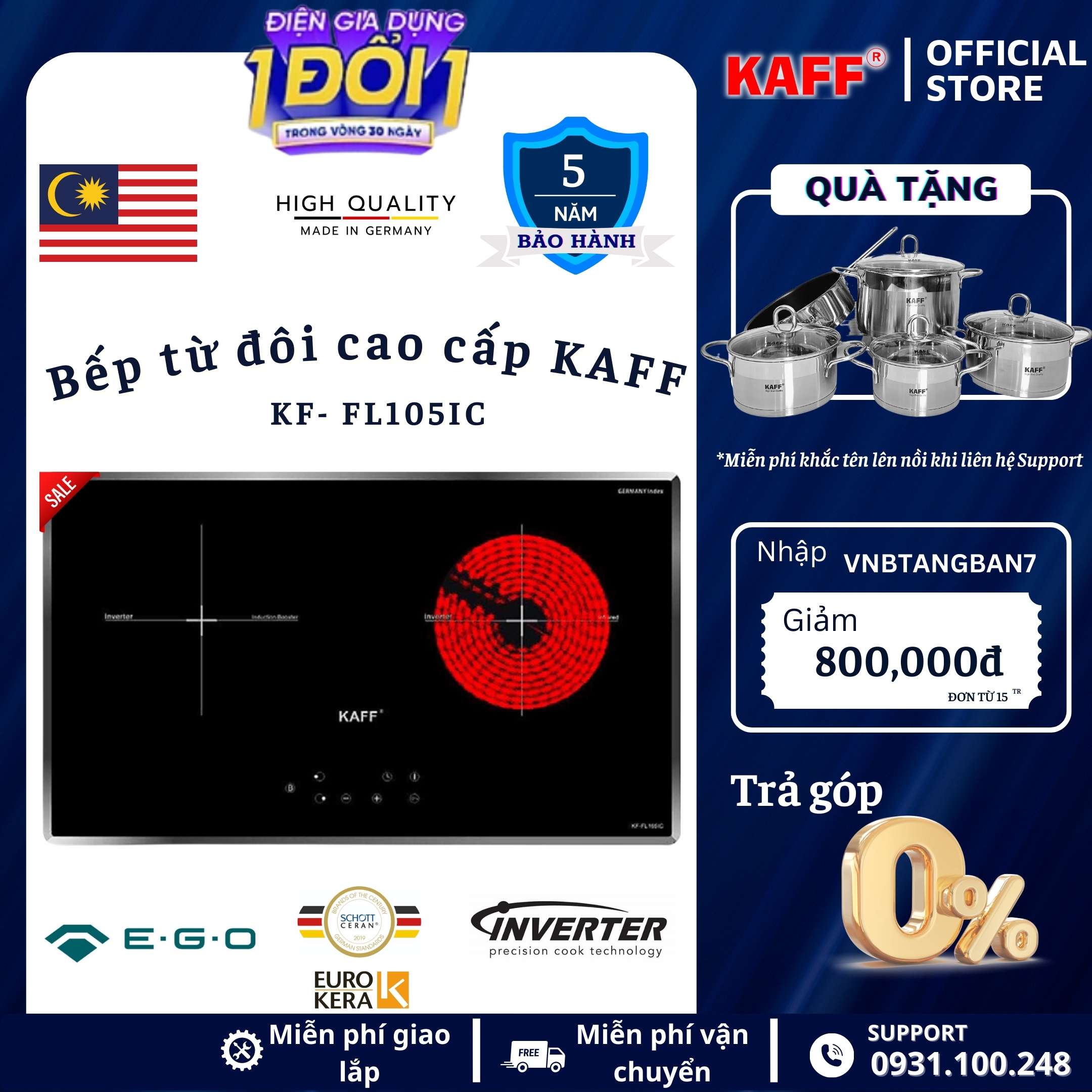Bếp âm từ hồng ngoại đôi nhập khẩu Malaysia KAFF KF-FL105IC - Hàng chính hãng