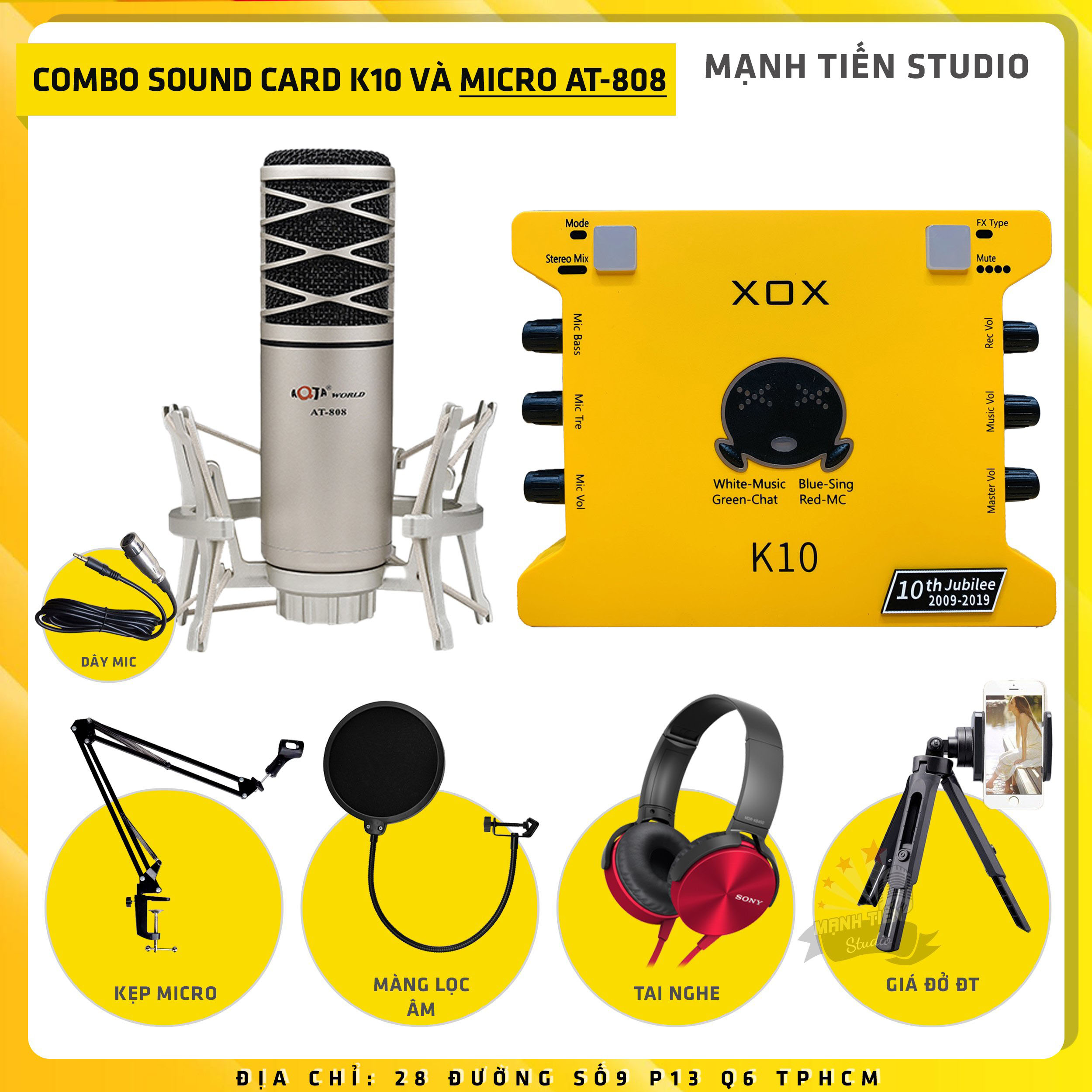 Combo thu âm, livestream Micro AQTA AT-808, Sound card XOX K10 Jubilee - Kèm full phụ kiện kẹp micro, màng lọc, tai nghe, giá đỡ ĐT - Hỗ trợ thu âm, karaoke online chuyên nghiệp - Hàng nhập khẩu