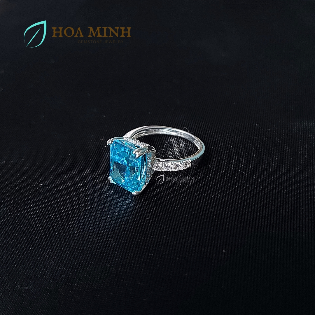 Nhẫn bạc cao cấp đính đá Nam Phi xanh aqua size chữ nhật lớn 9x11 li trang sức cao cấp, sang trọng
