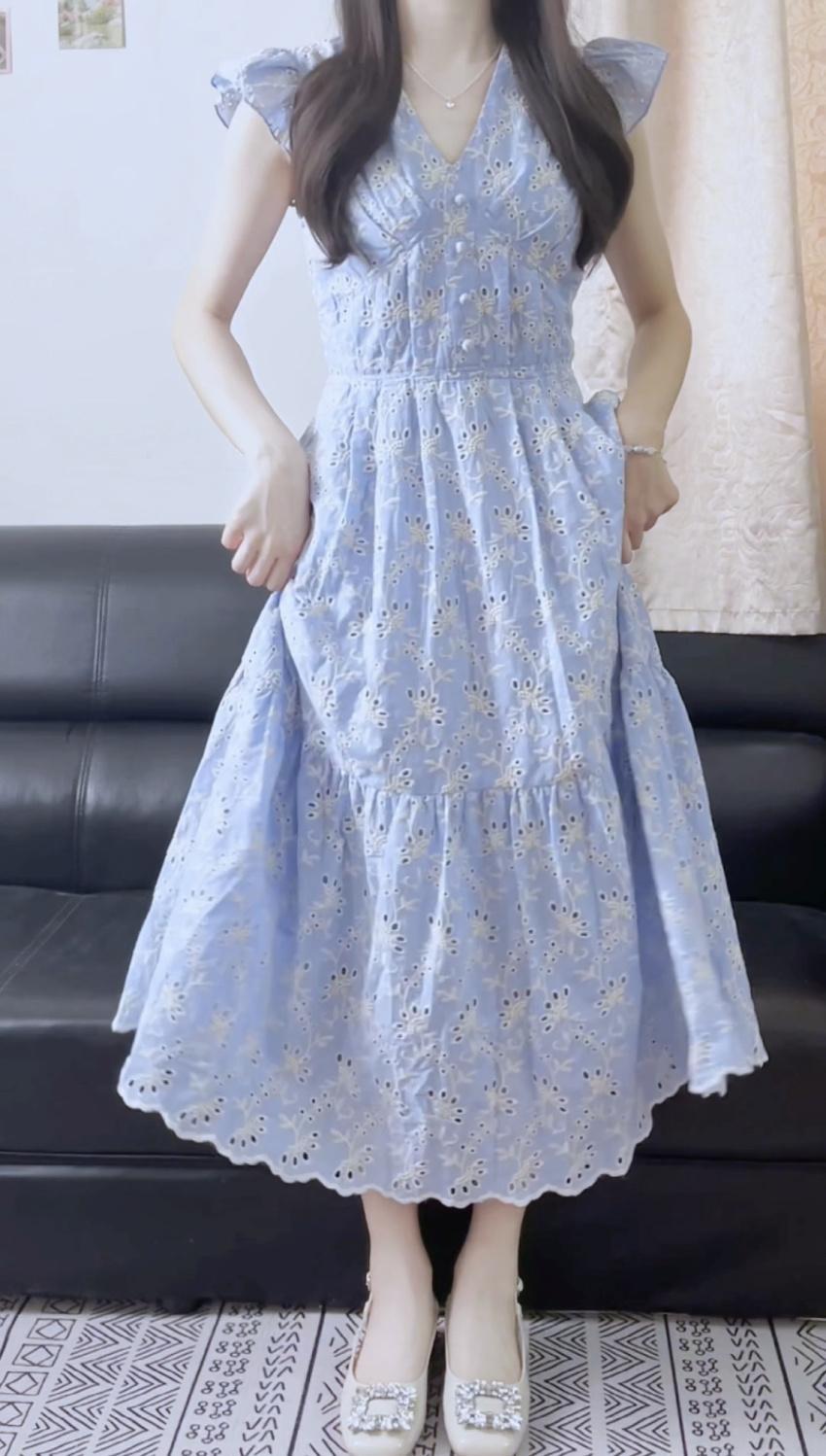 DIYIWEI Phong cách Pháp ngọt ngào khí chất màu xanh cam cuống váy nữ sinh mùa hè thu eo lộ vẻ gầy trung dài mảnh hoa váy