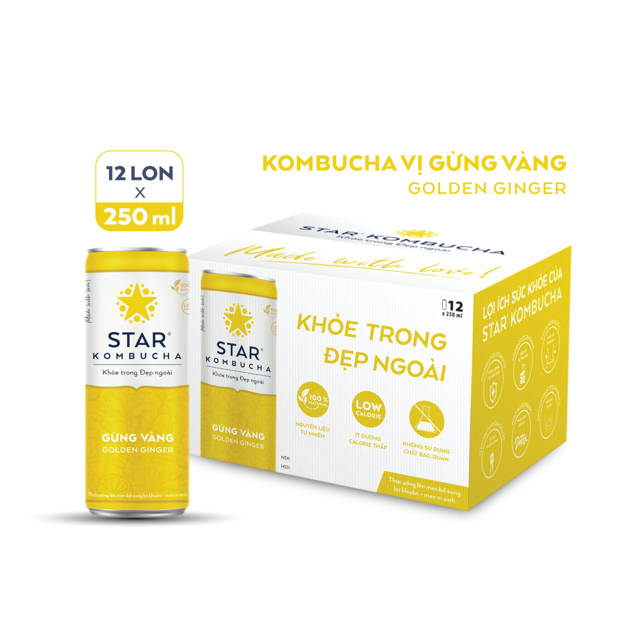 Thùng 12 lon thức uống lên men STAR KOMBUCHA Gừng Vàng/ Golden Ginger (250ml/lon)