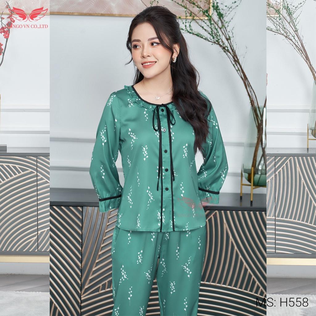 Bộ Đồ Ngủ Pyjama Nữ Mặc Nhà VINGO Lụa Pháp Cao Cấp Tay Lỡ Phối Nơ Quần Dài Thu Đông Họa Tiết Hoa Trắng Xanh H558 VNGO