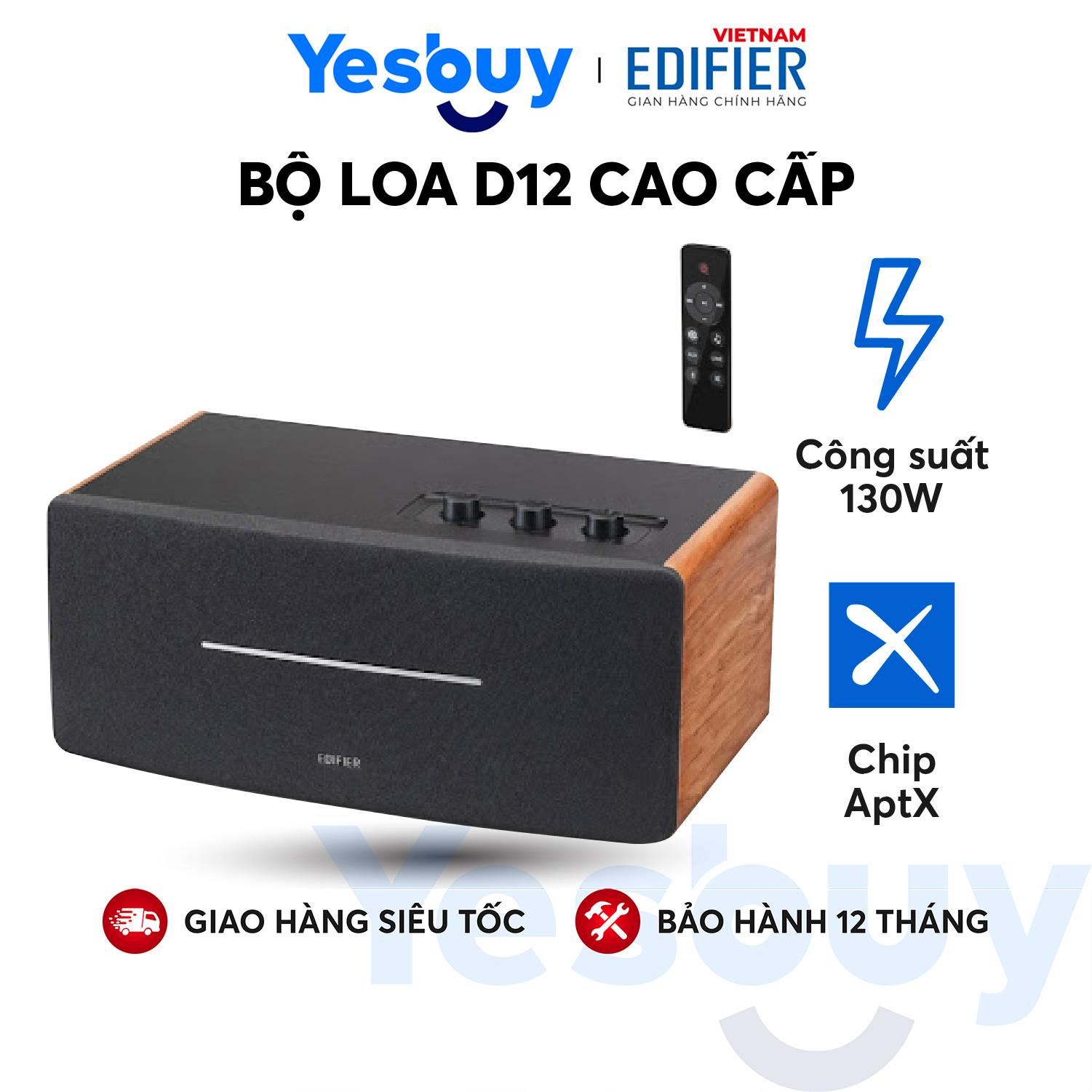 Loa Bluetooth 5.0 EDIFIER D12 Vỏ gỗ chống dội âm - Hỗ trợ AUX âm thanh nổi Stereo - Kèm remote điều khiển - Hàng chính hãng