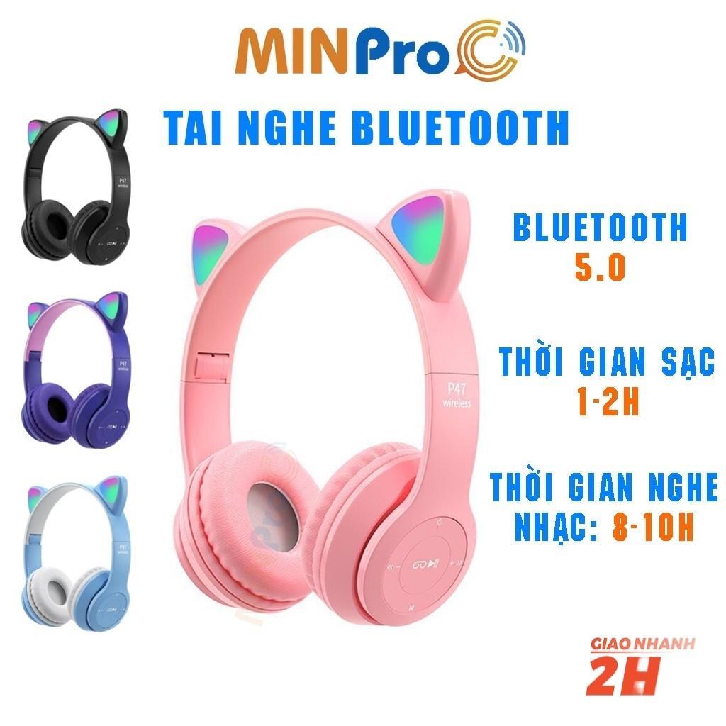 Tai nghe chụp tai mèo bluetooth 5.0 cute, Headphone tai mèo 7 màu led phát sáng không dây có mic - MINPRO