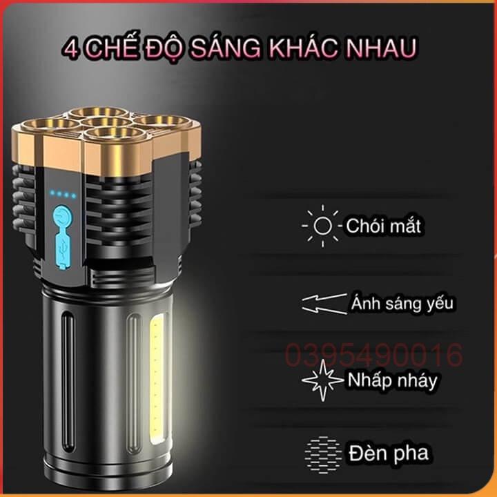 Đèn Pin 5 Bóng Siêu Sáng Pro Cầm Tay Chắc Chắn 4 Chế Độ Tiện Dụng Sạc Tích Điện, Chống Va Đập, Chiếu Xa 200m.