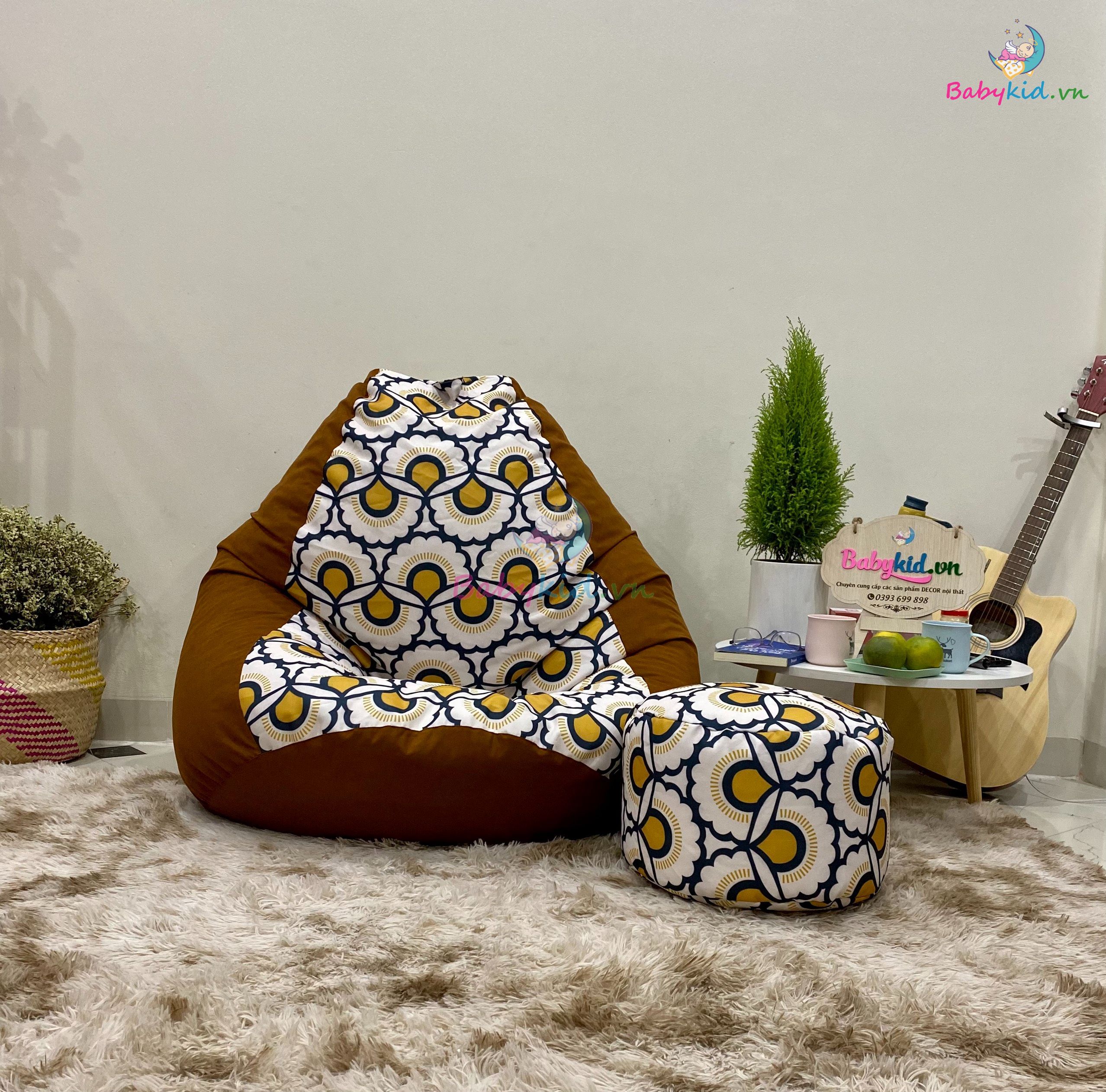 Ghế xốp dáng lê size L 90x120cm THÔ HÀN mát hoạ tiết hình quạt mix cam DA LỘN - CÓ SẴN XỐP