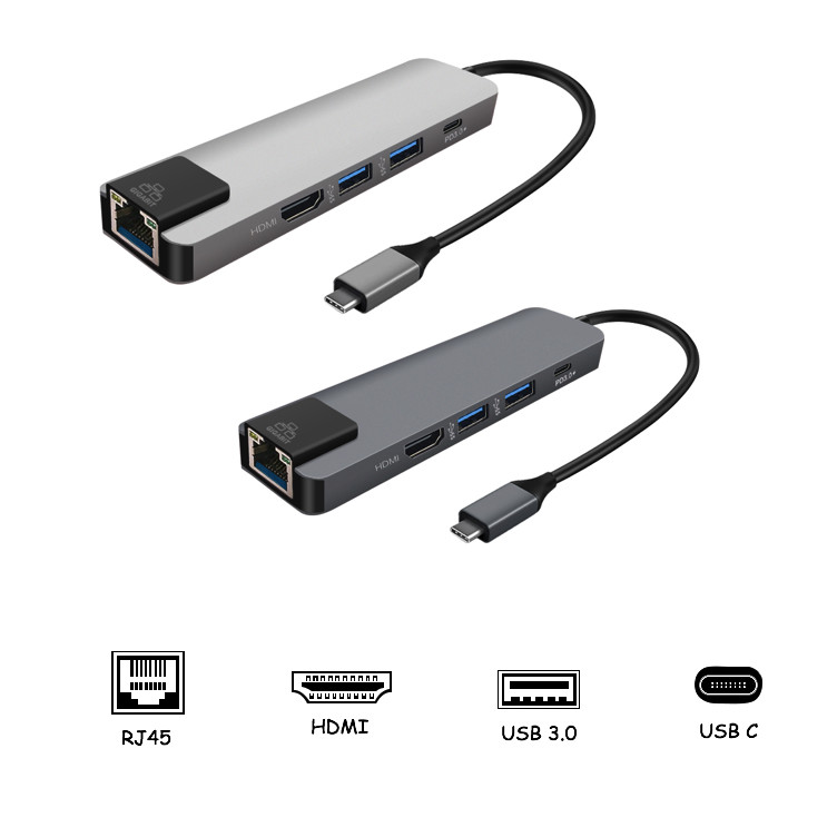 Hub USB Type C 5 in 1 To HDMI, RJ45, 2 x USB 3.0, USB Type C - Màu Ngẫu Nhiên (F1)